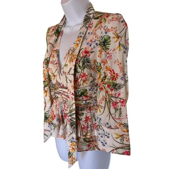 Hellessy Fitted Tie Front Floral Blouse with Ruffled Peplum Plunging V Neck s 2 - Picture 9 of 16